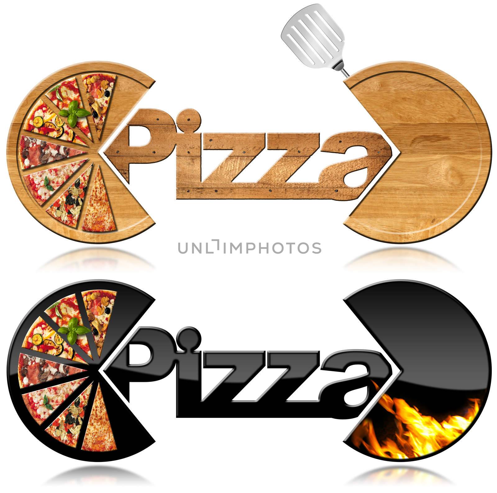 Two symbols with the slices of pizza, text Pizza, flames and spatula. Isolated on white background