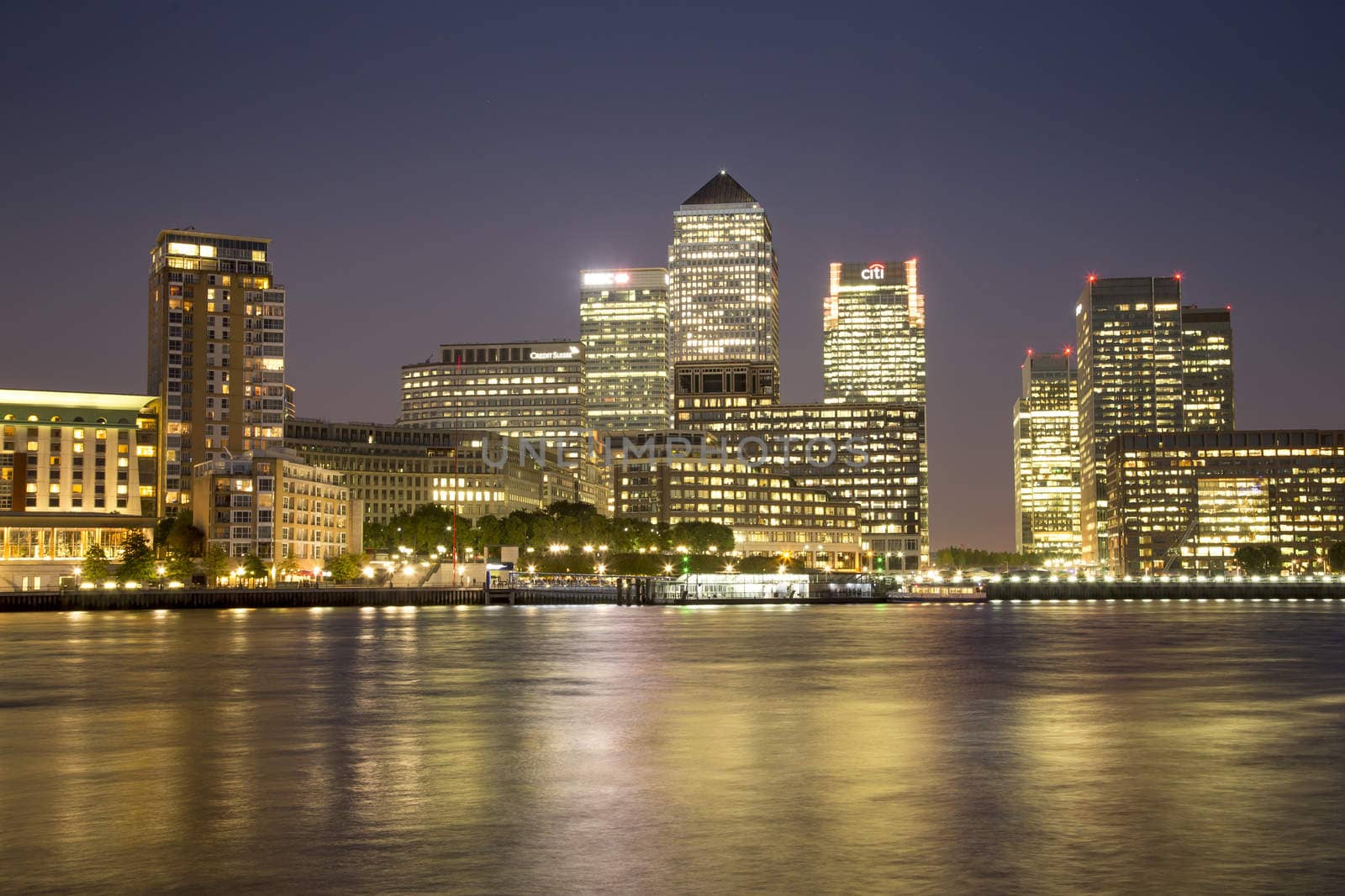 London, UK - August 7, 2015: Canary Wharf business and financial district at night