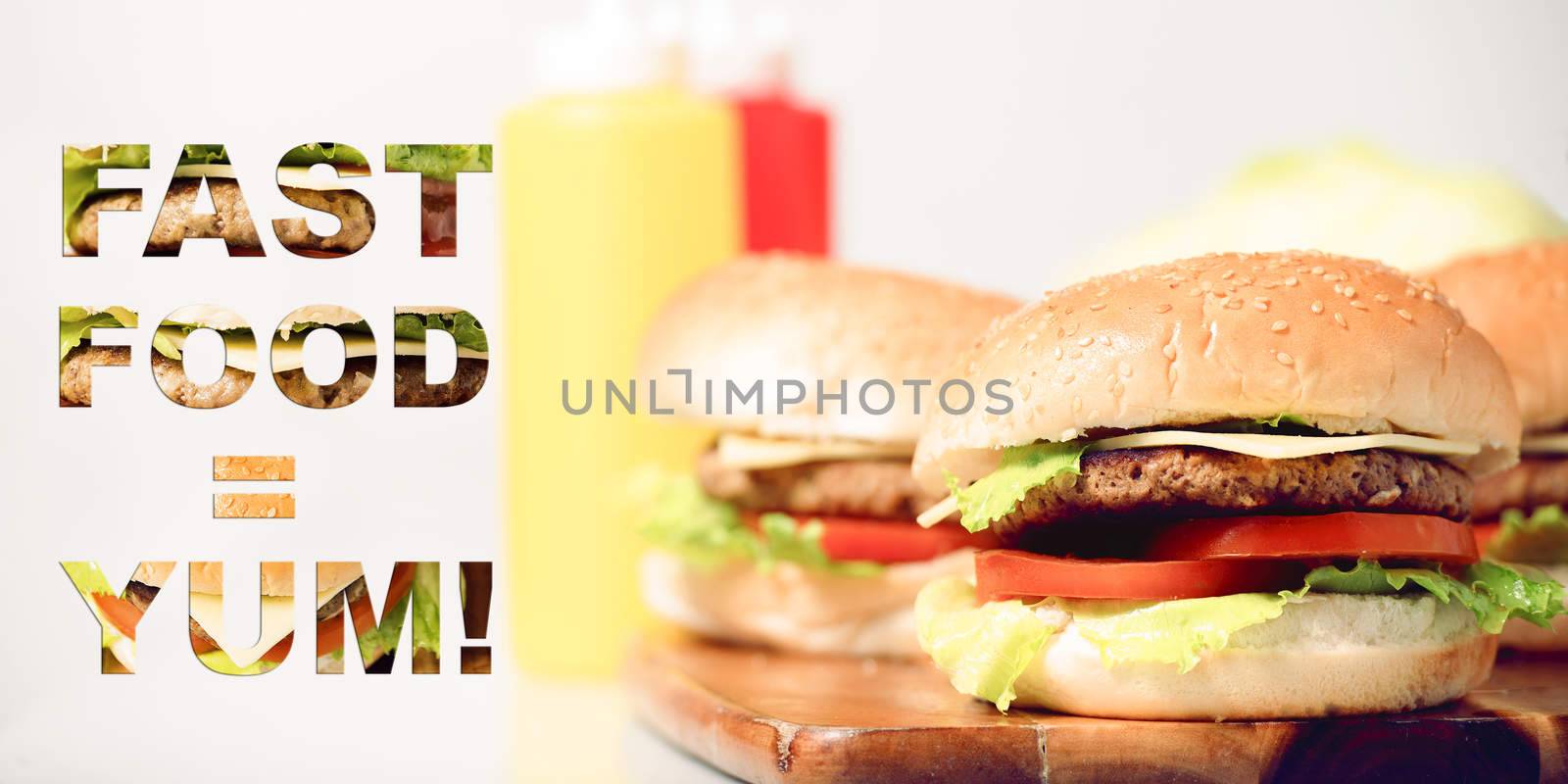 Hamburgers with cheese, potato chips and ingredients on a white background with typography