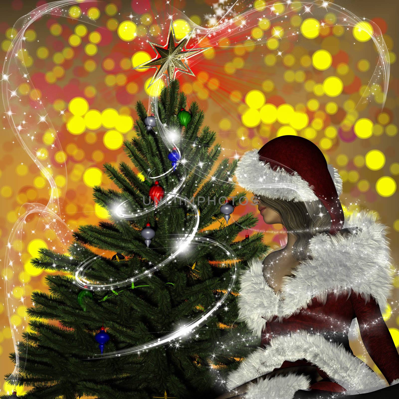 Young woman in Santa Claus clothes over Christmas background by ankarb