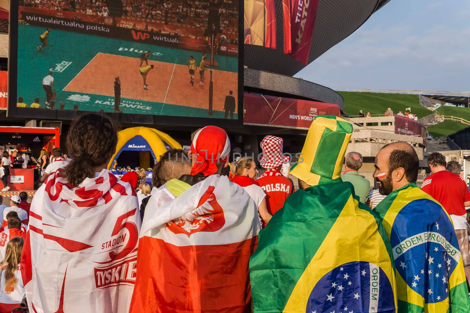 Polish and Brazilian fans watch Brazil vs France match on the screen in the fanzone at Spodek Arena in Katowice during FIVB Volleyball Men's World Championship Poland 2014.