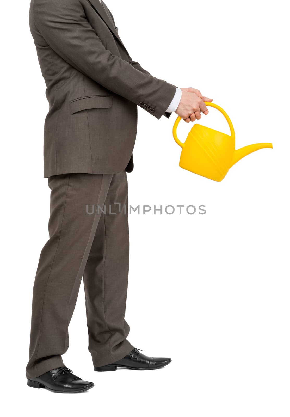 Businessman with watering-can and without head on isolated white background