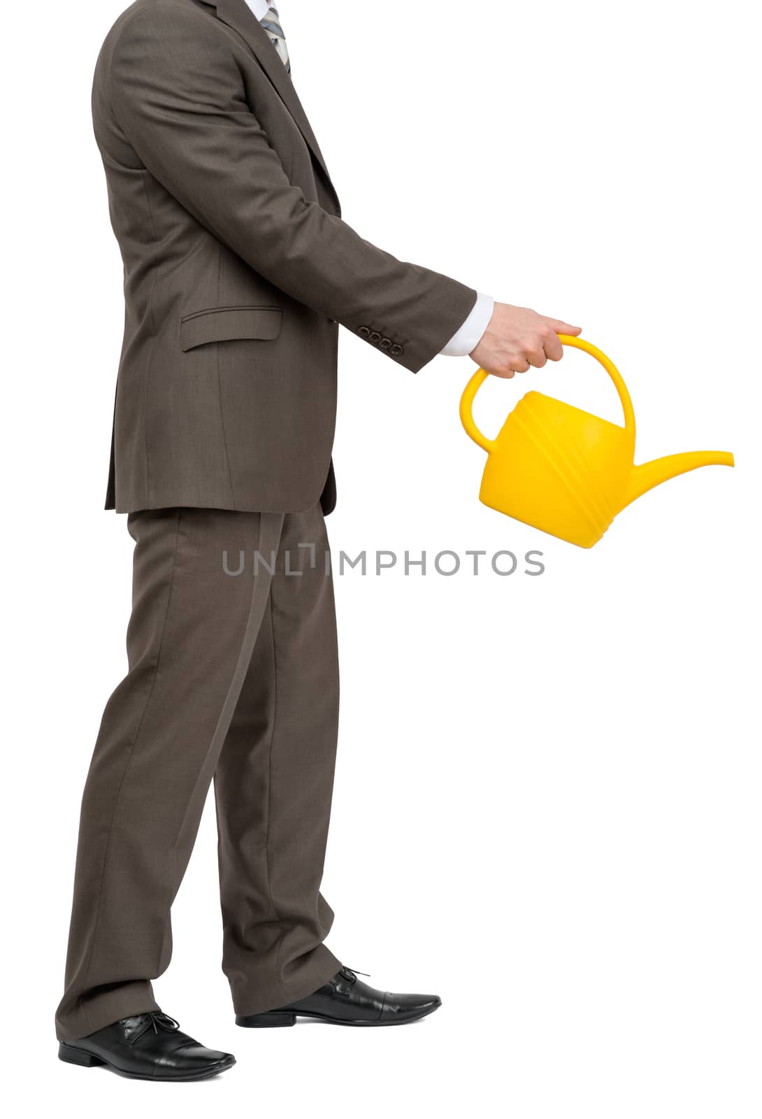 Businessman with watering-can and without head on isolated white background