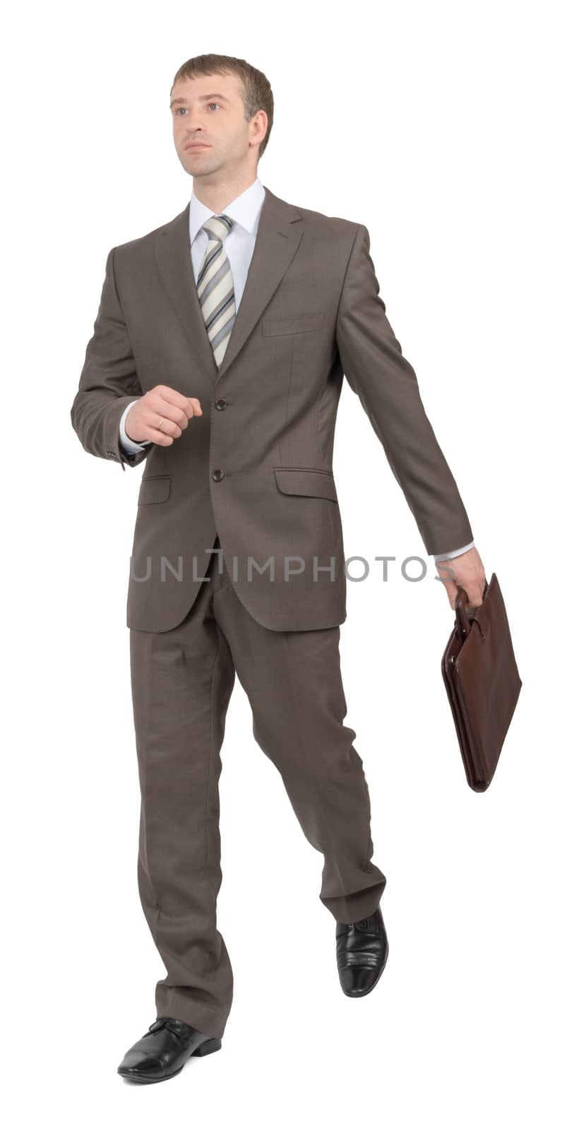 Businessman with suitcase on isolated white background, rear view