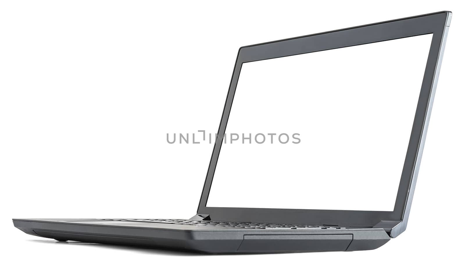 Open laptop with blank screen on isolated white background