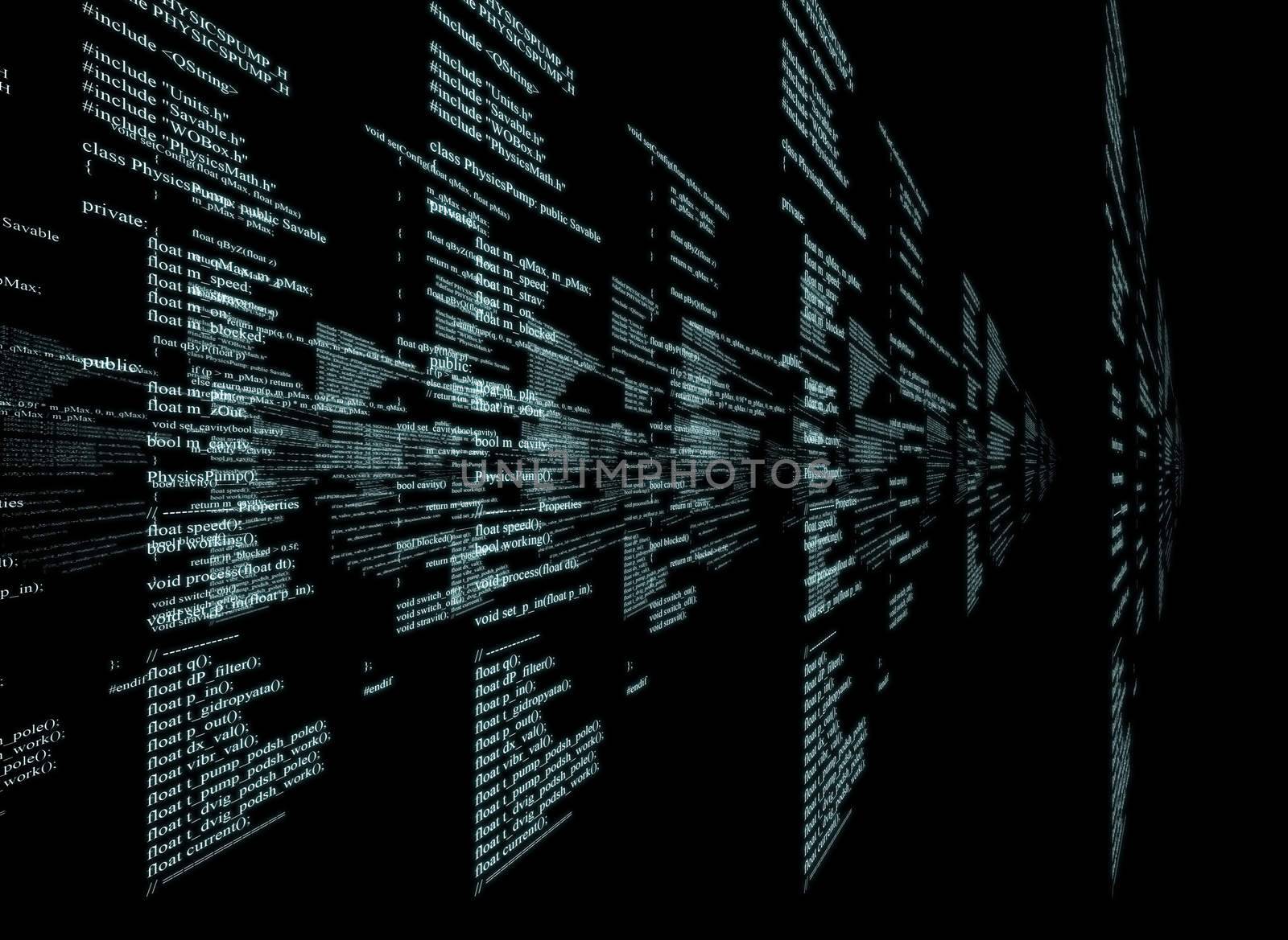 Matrix black background with blue symbols and code