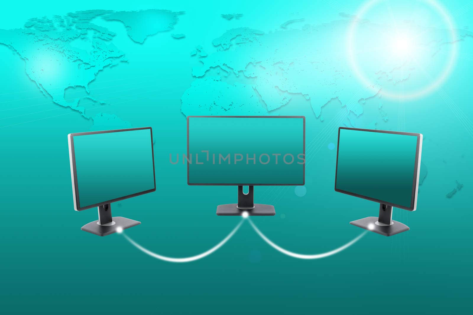 Set of monitors on abstract background with world map