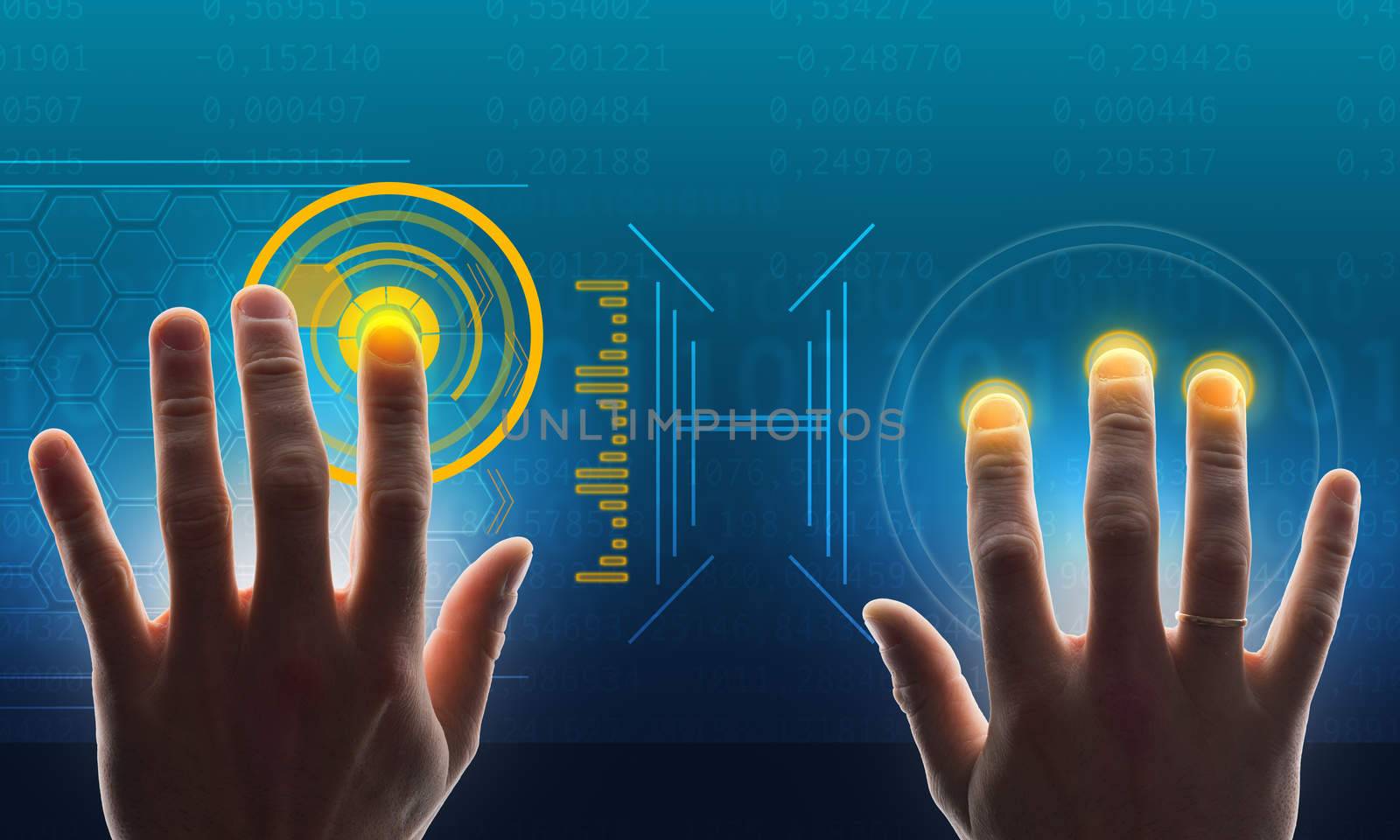 Hands touching holographic screen with numbers by cherezoff