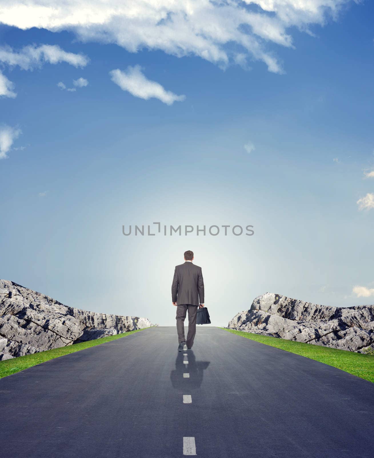 Businessman on road with mountains, rear view