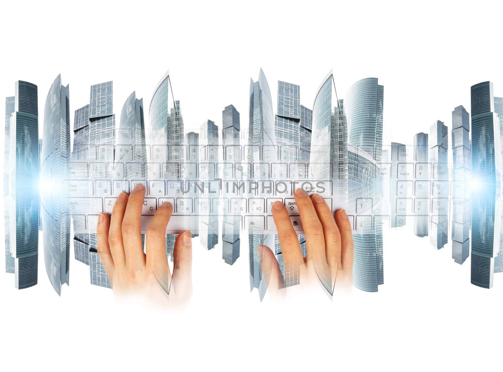 Womans hands with keyboard and city on white background