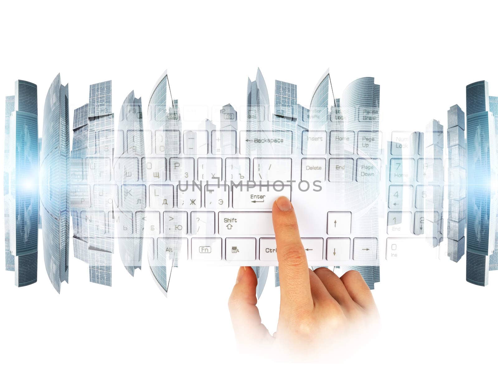 Womans hand with keyboard and city on white background