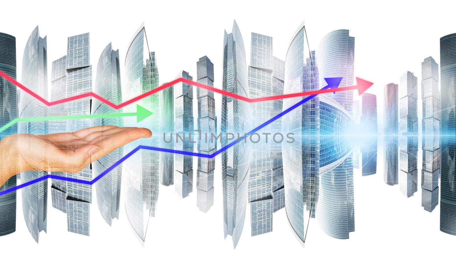 Womans hands with arrows and city on white background