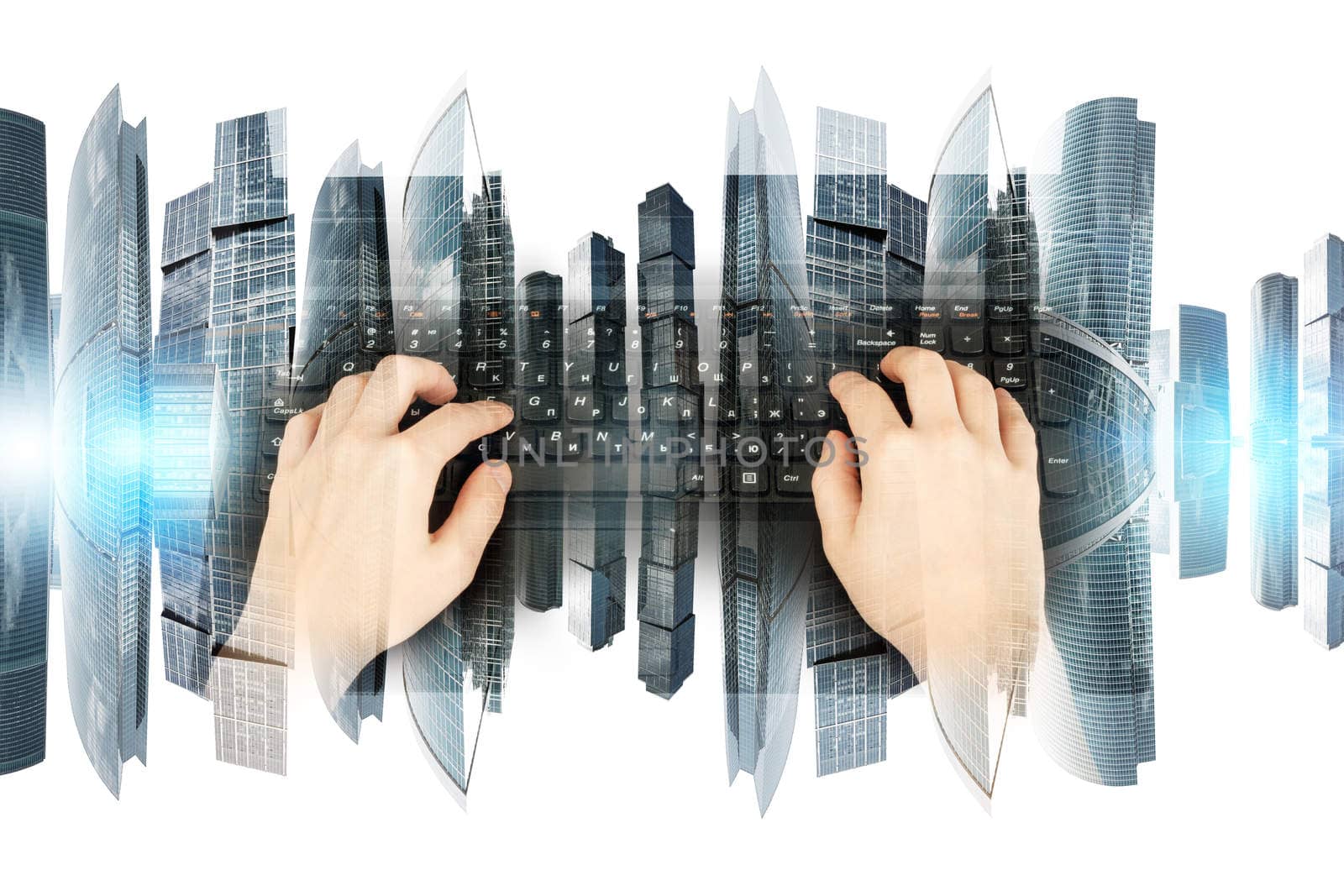 Womans hands with keyboard and city on white background