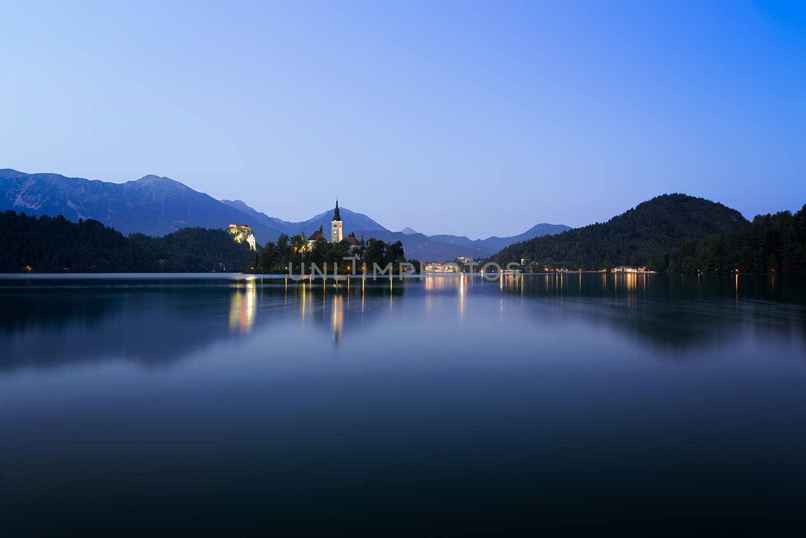 Dawn at lake Bled with blue skies, Slovenia by fisfra