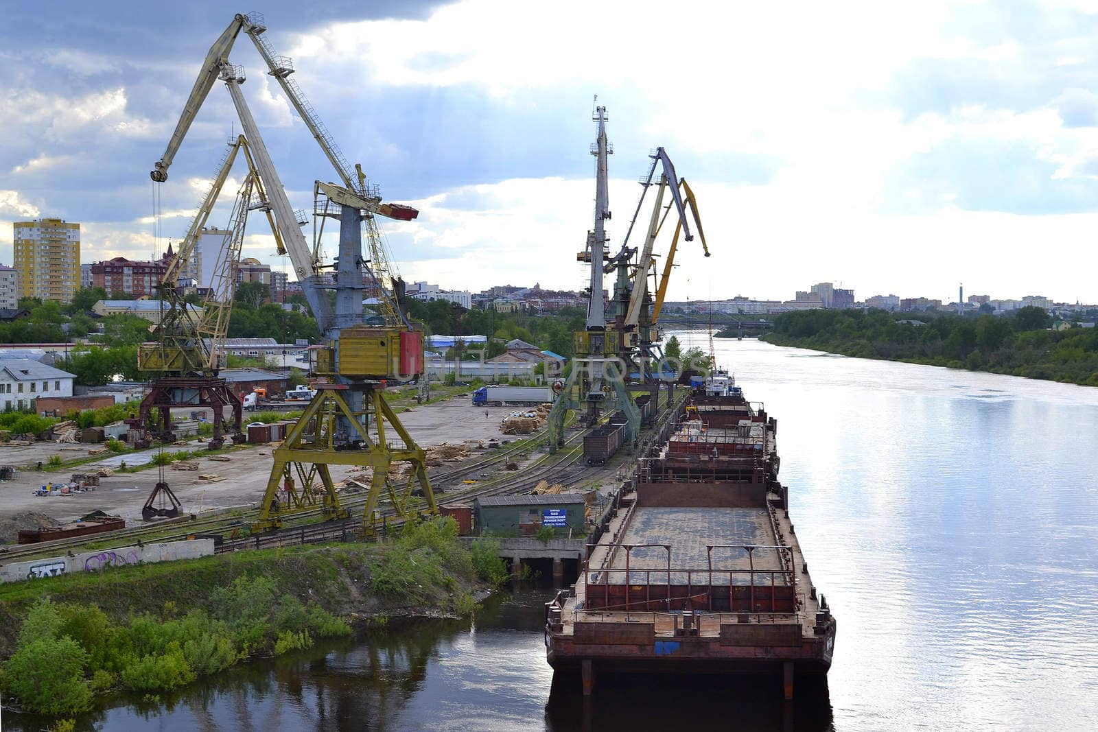 River port on the Tura River in Tyumen, Russia.