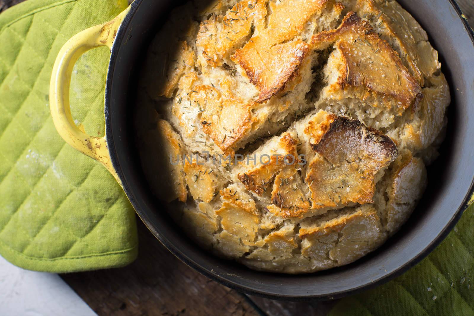 Artisan rustic crusty bread baked in dutch oven