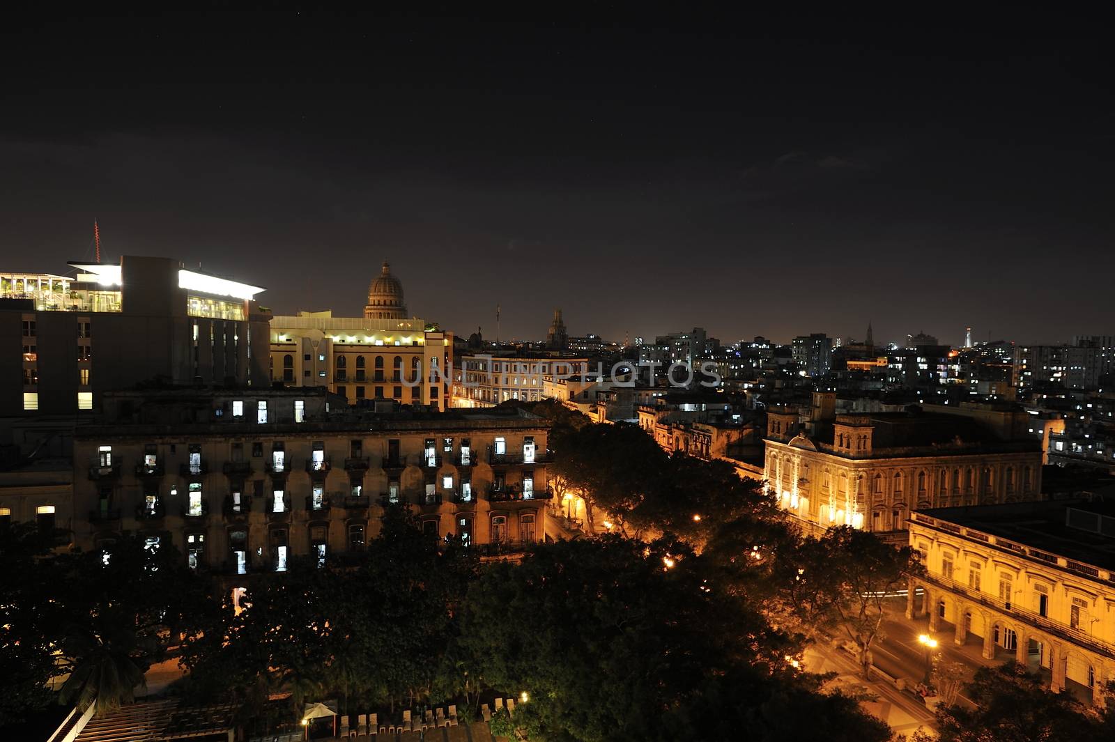 Havana, Cuba, - AUGUST 2013. Center of Havana city at night. View from the roof tops.