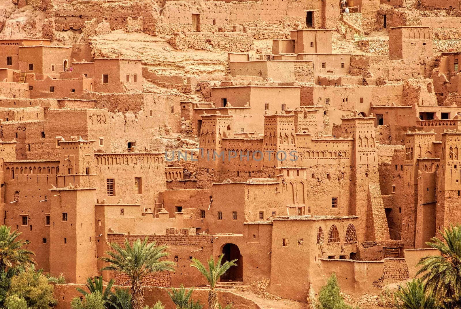 Detailed view of the clay kasbah Ait Benhaddou in Morocco