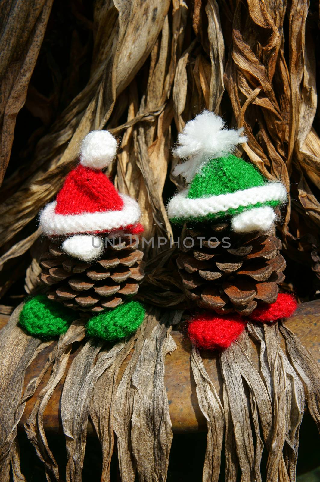 Christmas pine gnome, Xmas pinecone wear Xmas hat for decoration on winter holiday, with red, green yarn, homemade product by knitted hat, food, nose make amazing and pretty gift