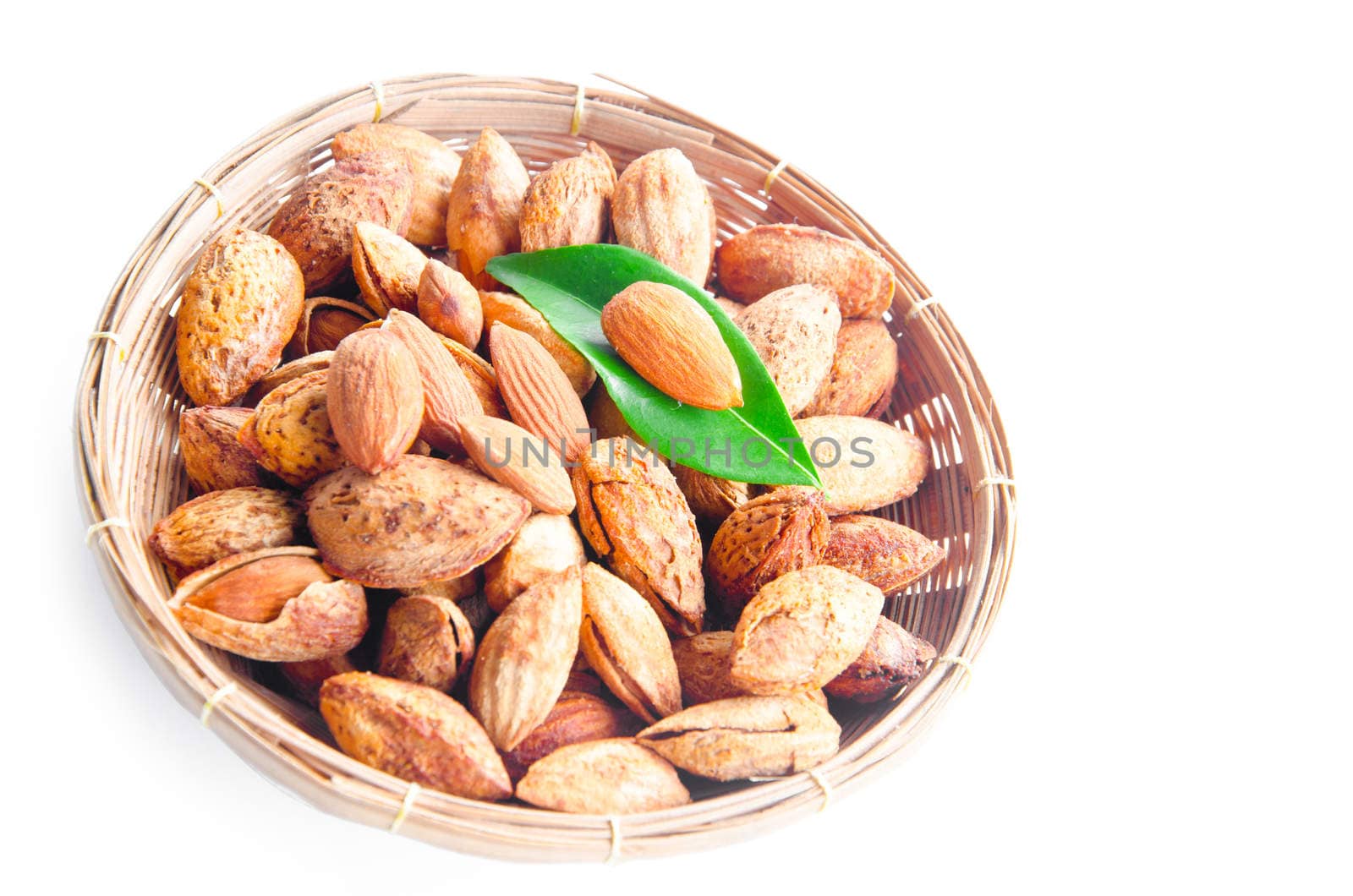 Almonds in basket on brown sack background