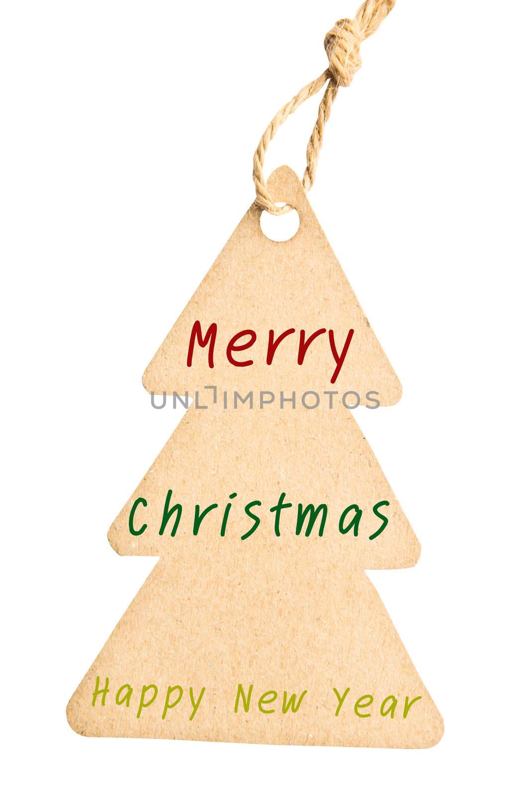 Merry christmas and Happy new year on Blank tag christmas tree shape tied with brown string isolated against a white background, clipping path
