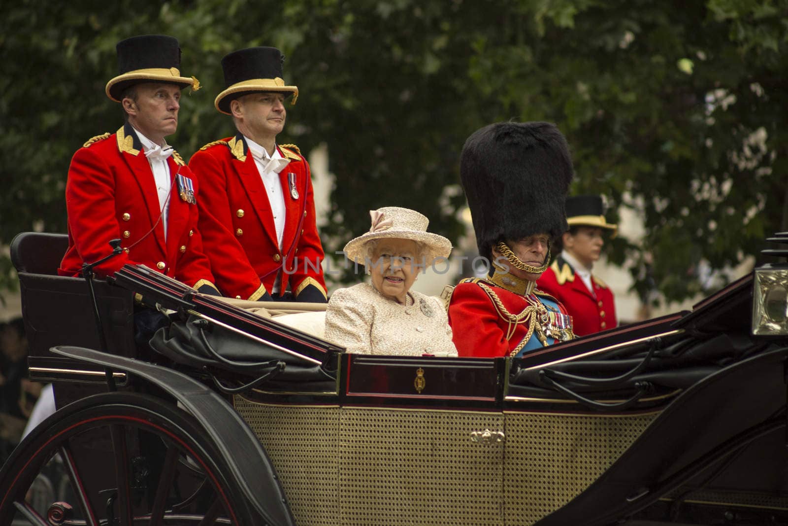 Queen Elizabeth II in an open carriage with Prince Philip. Trooping the colour 2015 marking the Queens official birthday, London, UK