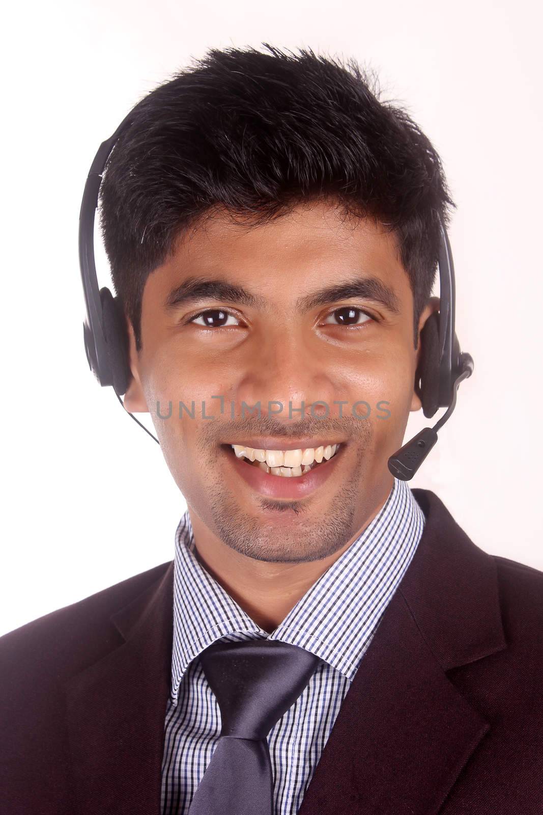 Call center operator man with headsets working