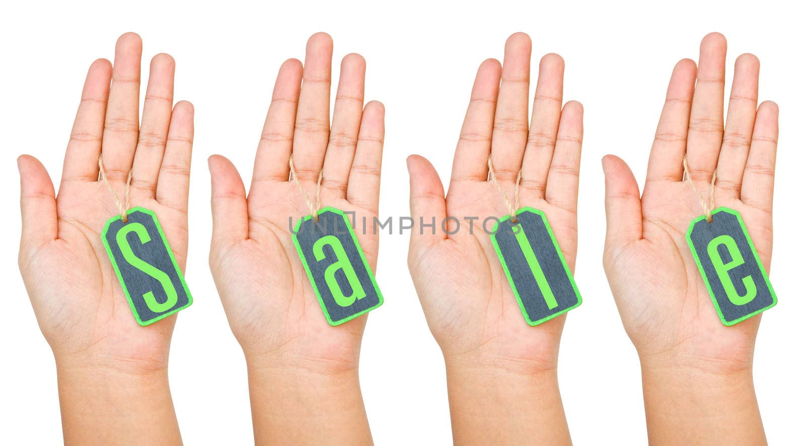 Hand holding blank SALE wooden tag isolated on white background. clipping path.