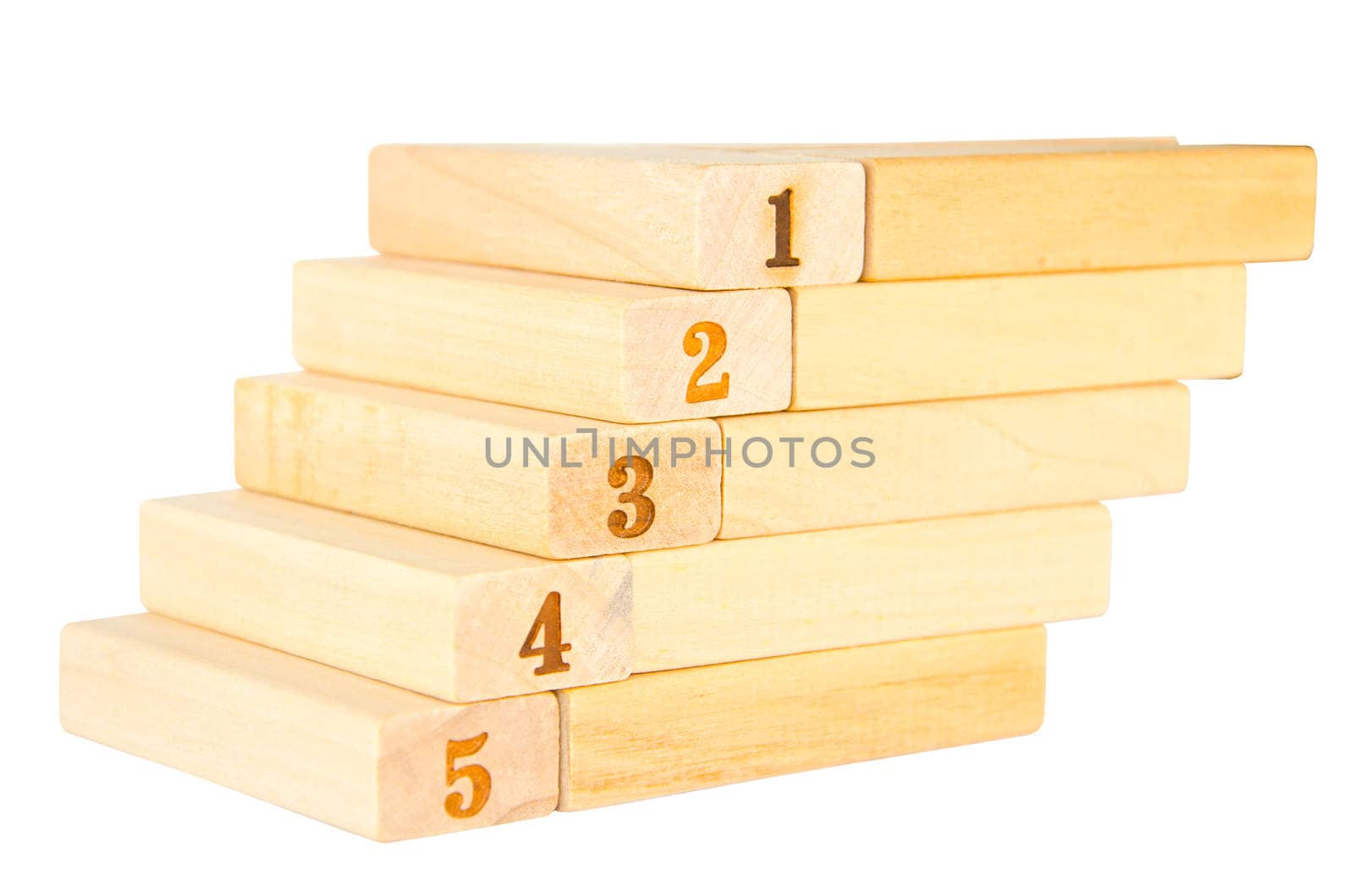 stairs wooden with number five up to number one on white background clipping paht.