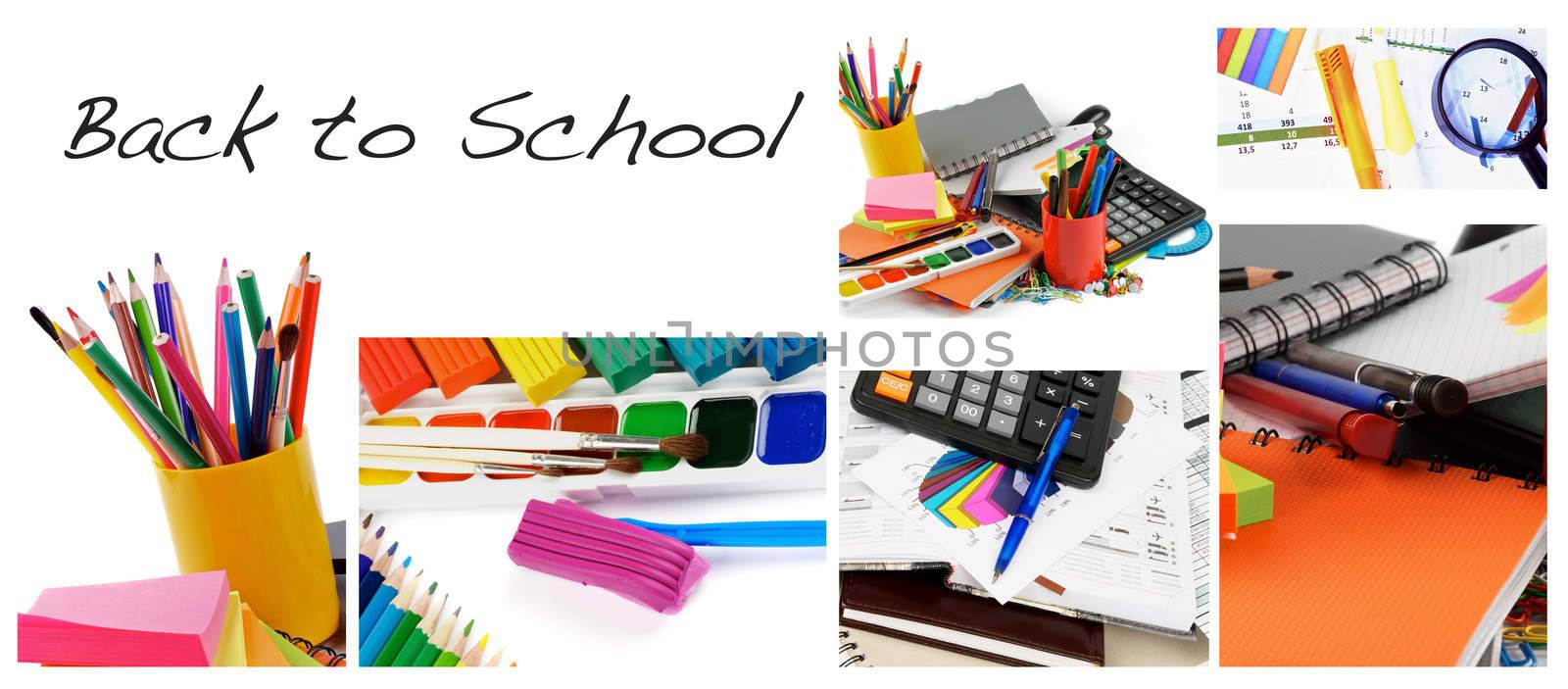 Collection of Stationary Items and Office Suppliers with Inscription Back to School isolated on White background