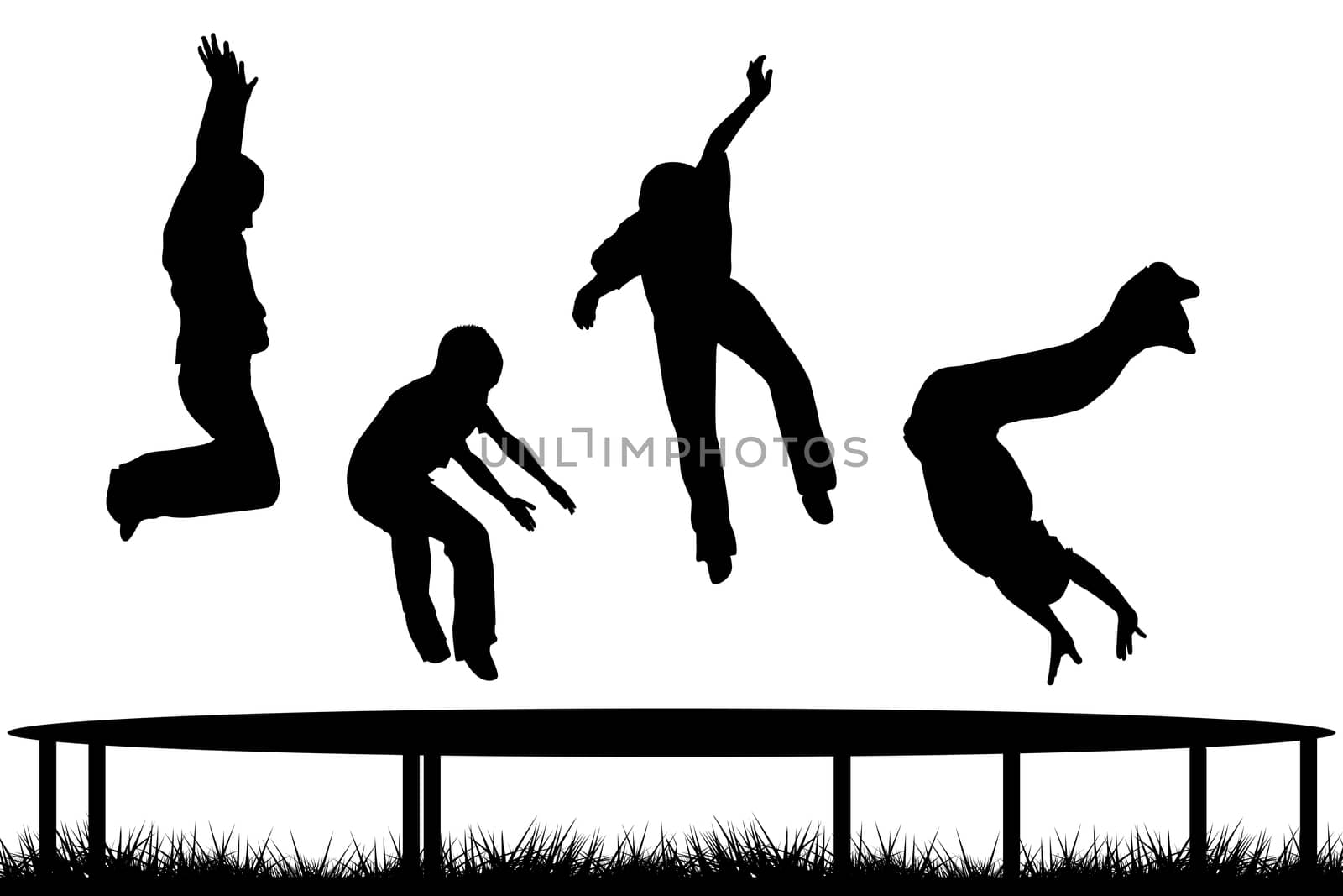 Children silhouettes jumping on garden trampoline by hibrida13