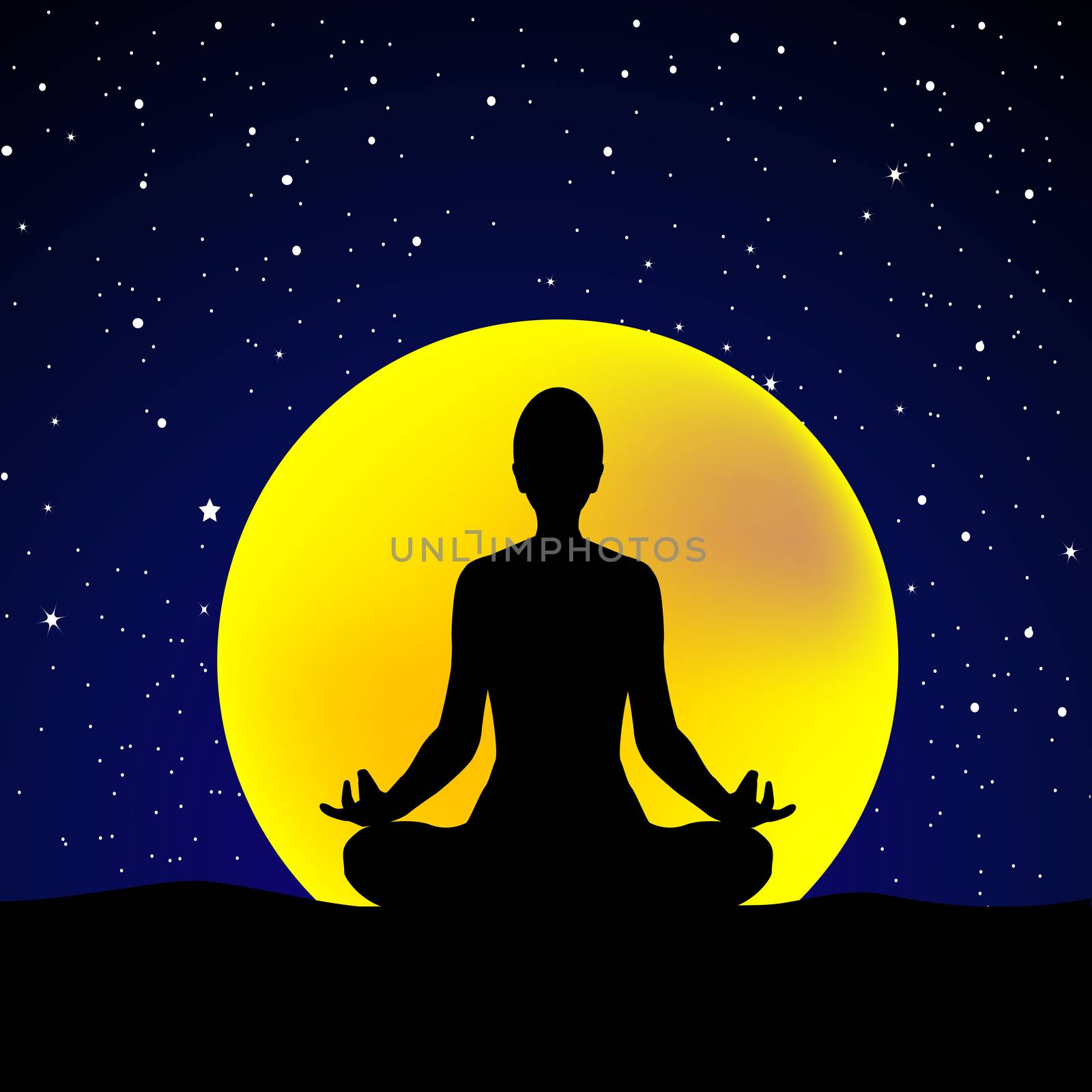 Silhouette of woman practicing yoga at night sky background by hibrida13
