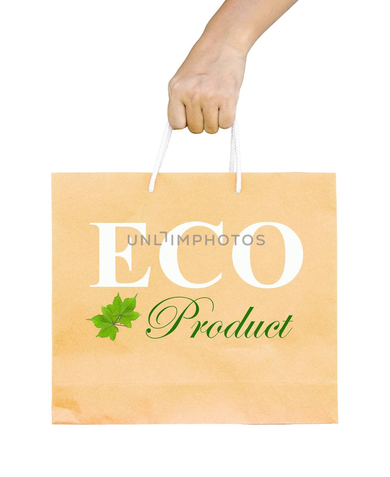 man holding a shopping recycle bag isolated on white background. clipping path. ECO product.