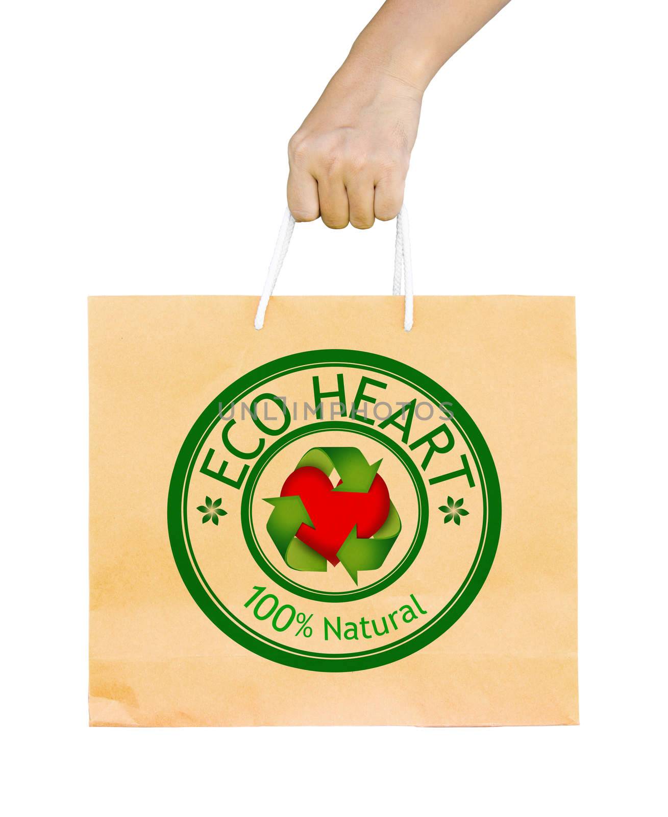 man holding a shopping recycle bag isolated on white background. clipping path. ECO HEART 100% natural.