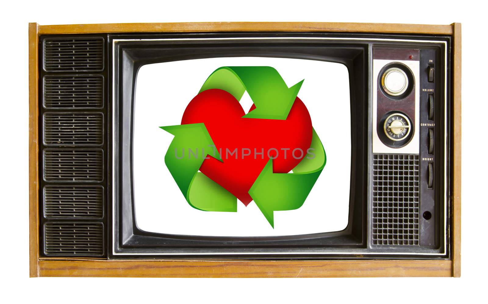 vintage television and red heart recycle sign. recycle concept.