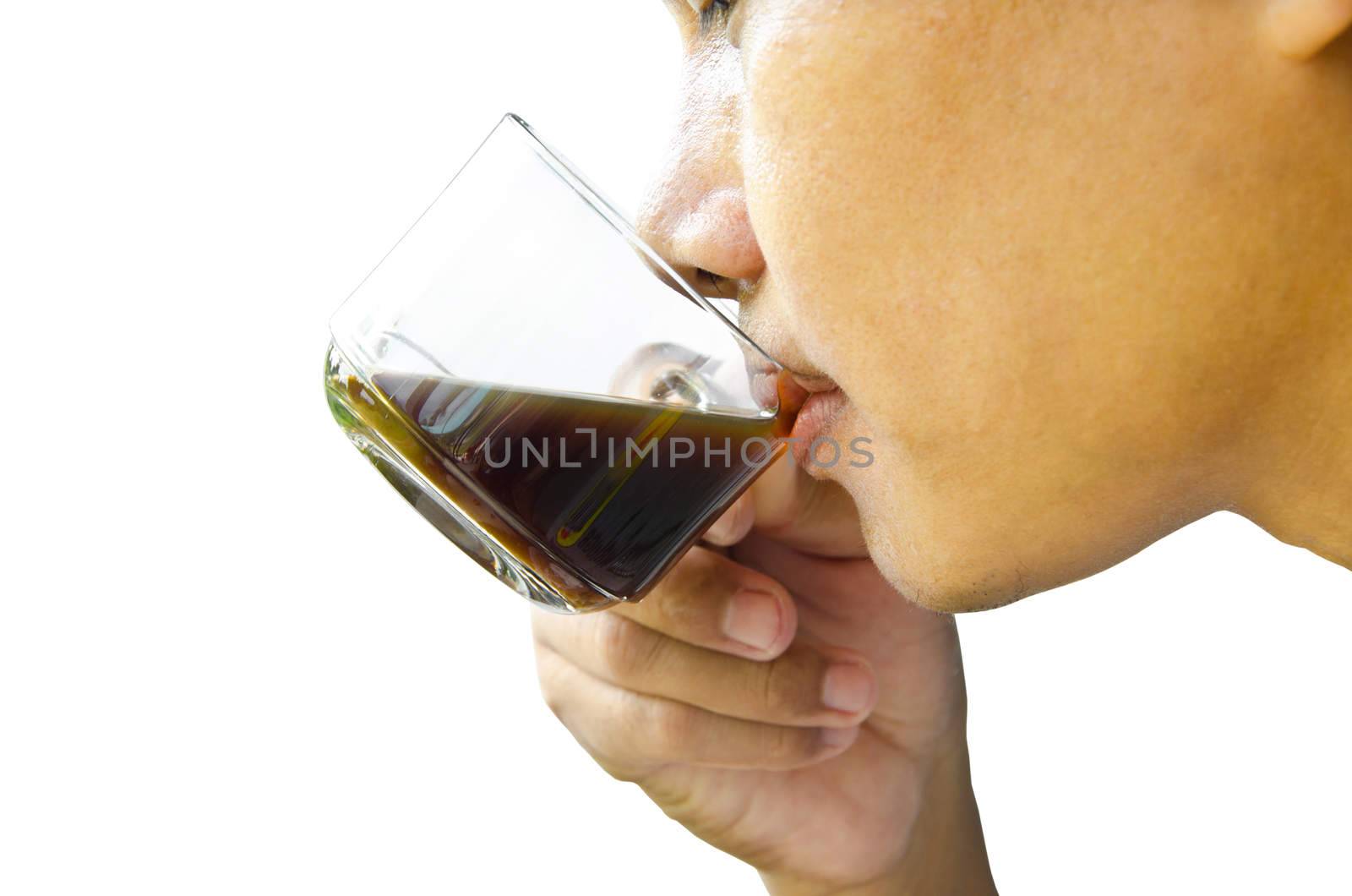close up the mouth of man drinking coffee isolated on white background.