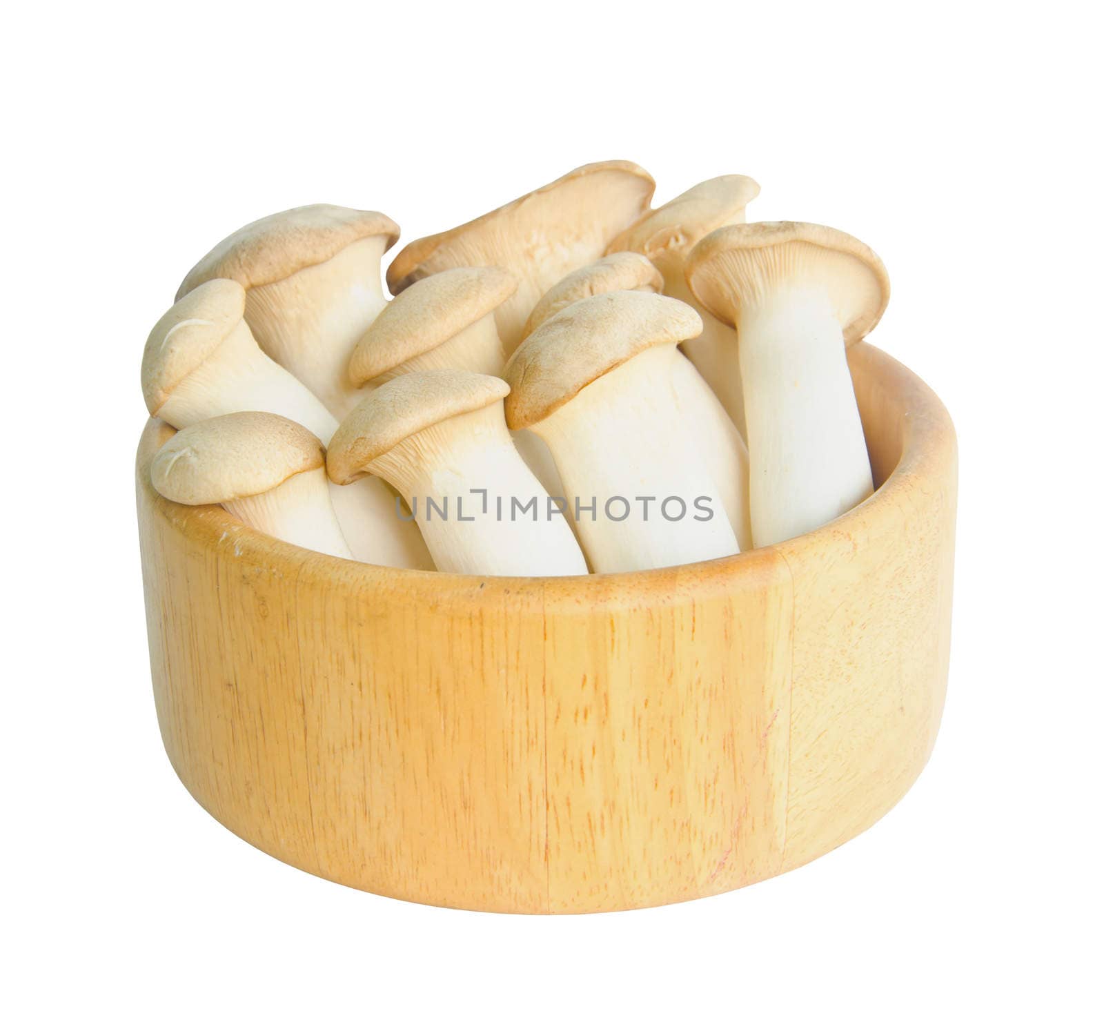 king oyster mushrooms (pleurotus eryngi) in wooden dish on White Background