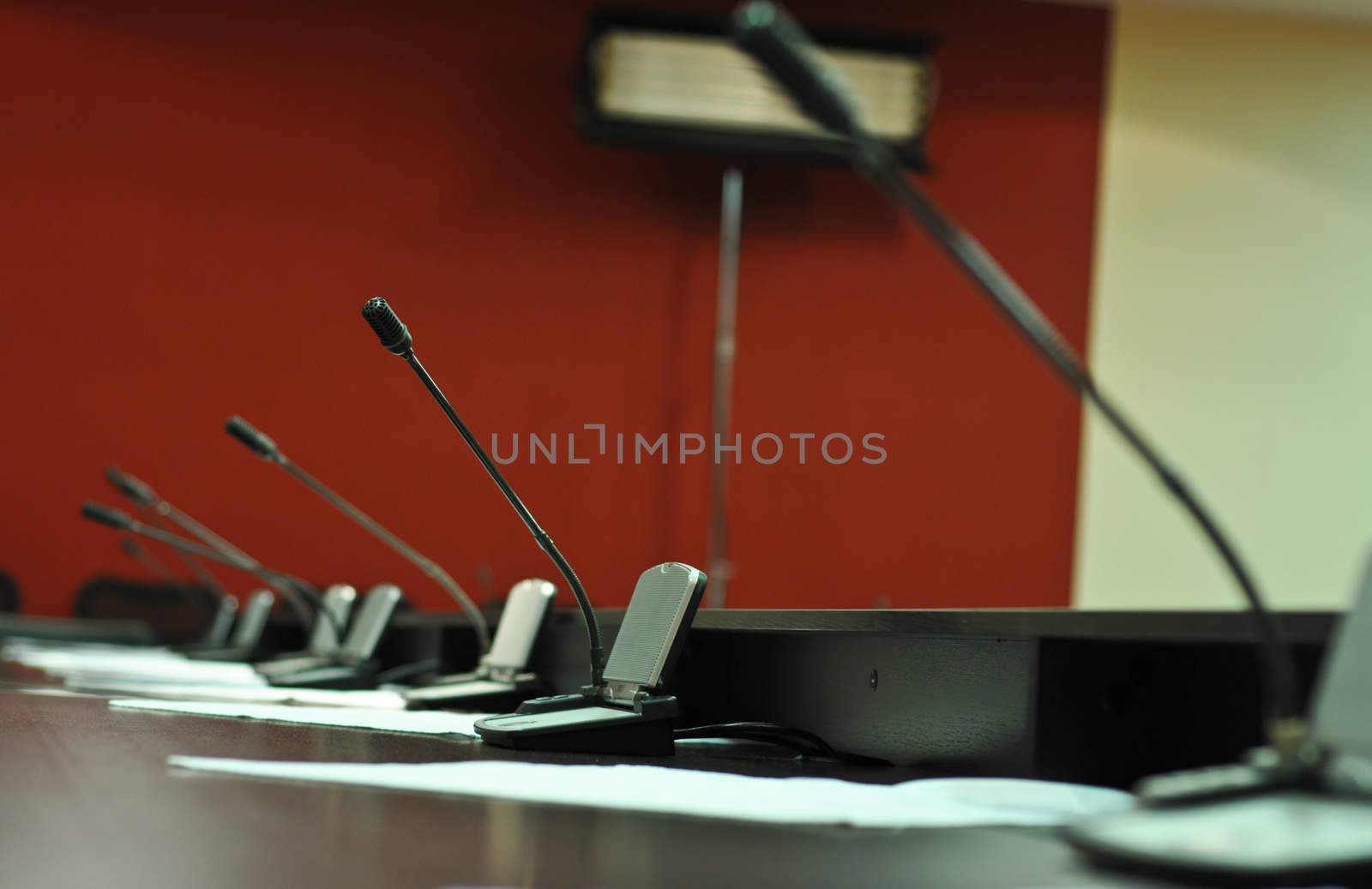 Conference table, microphones close-up