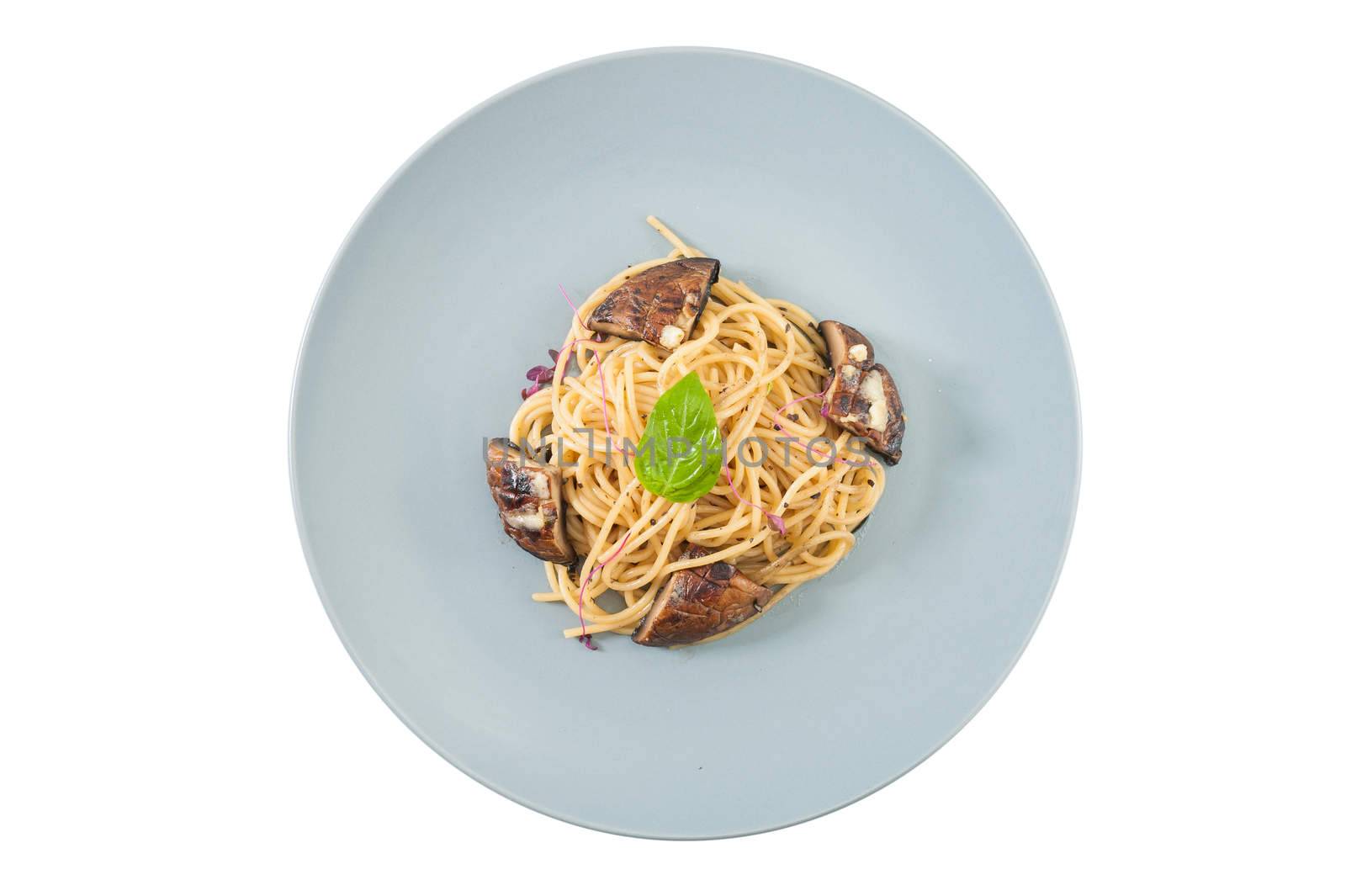 Pasta with Shiitake (Mushroom), Chinese food in European style isolated on white background with clipping path