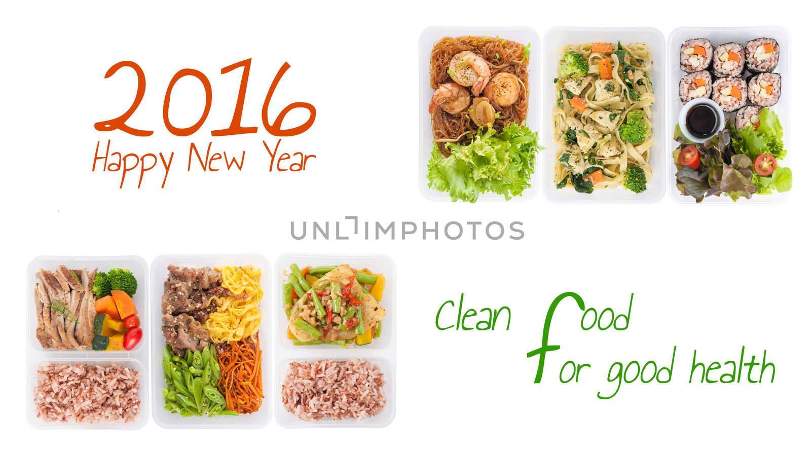 sushi, stir fried fish, fettuccine, roasted pork, grilled pork with eggs, and Shrimp and vermicelli baked with herbs cooked by clean food concept on white background with "2016 Happy new year clean food for good health" message.