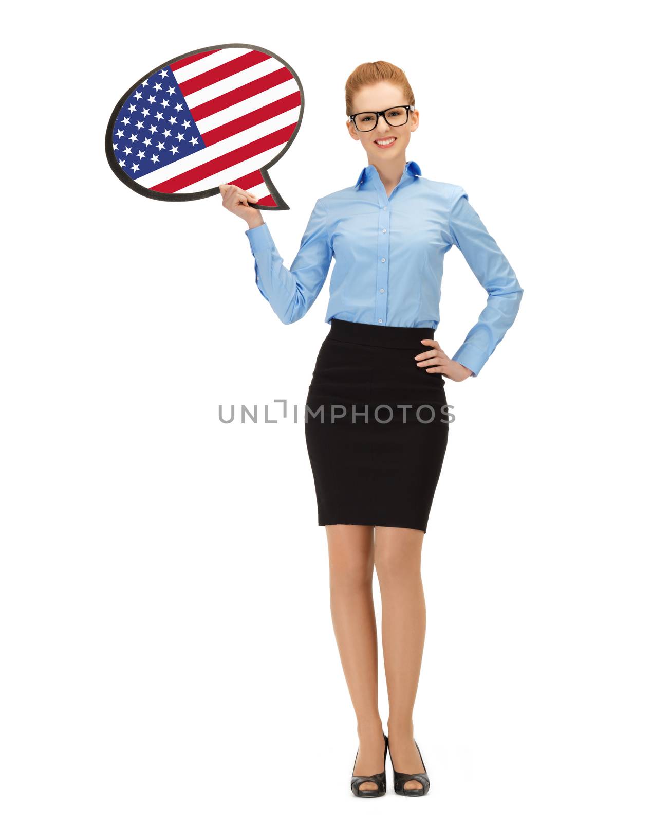 education, foreign language, english, people and communication concept - smiling woman holding text bubble of american flag