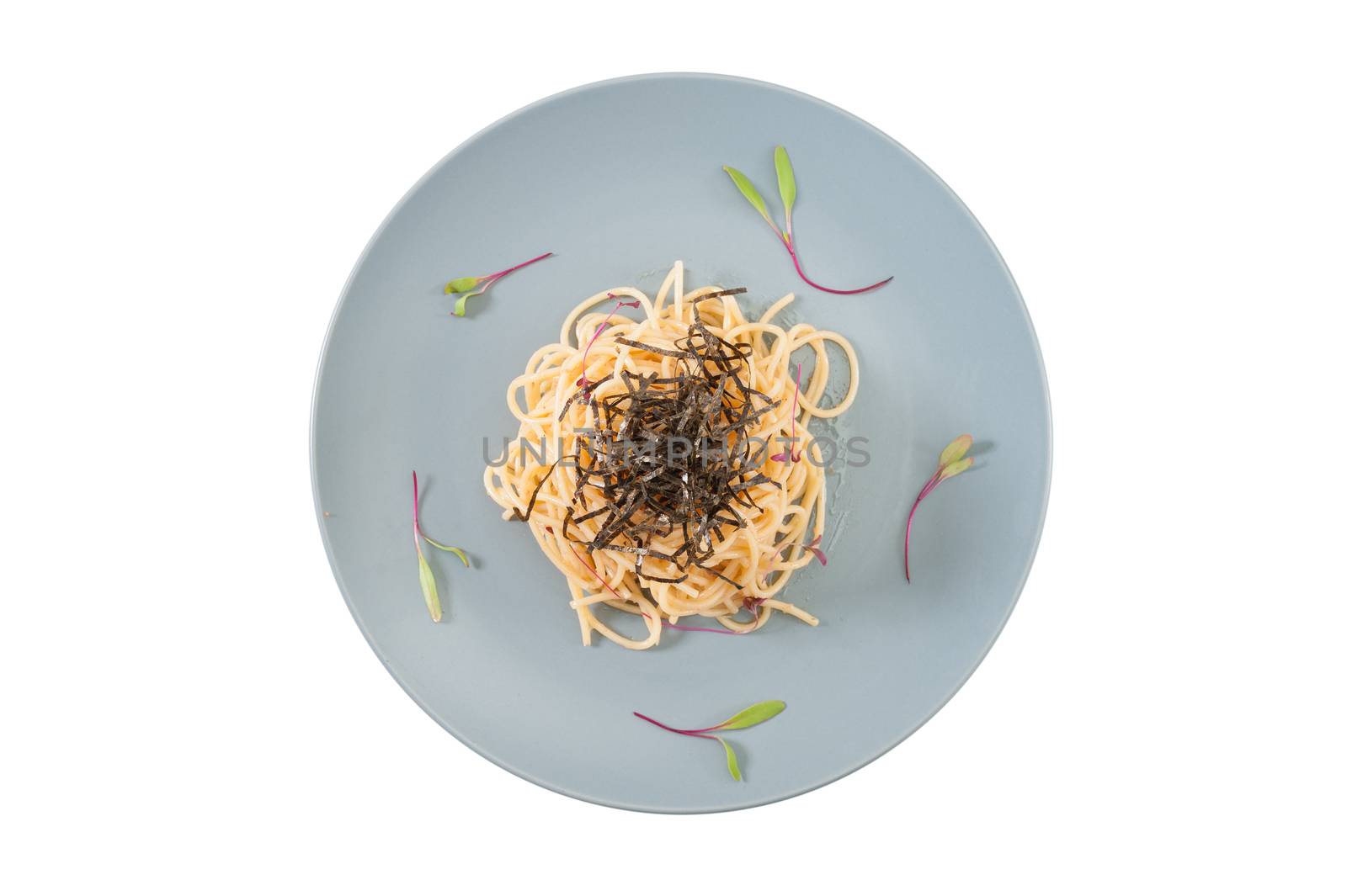 Pasta with Mentaiko (Cod fish's roe) sauce, Japanese food in European style isolated on white background with clipping path