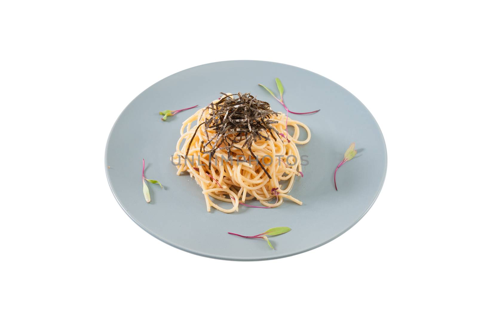 Pasta with Mentaiko (Cod fish's roe) sauce, Japanese food in European style isolated on white background with clipping path