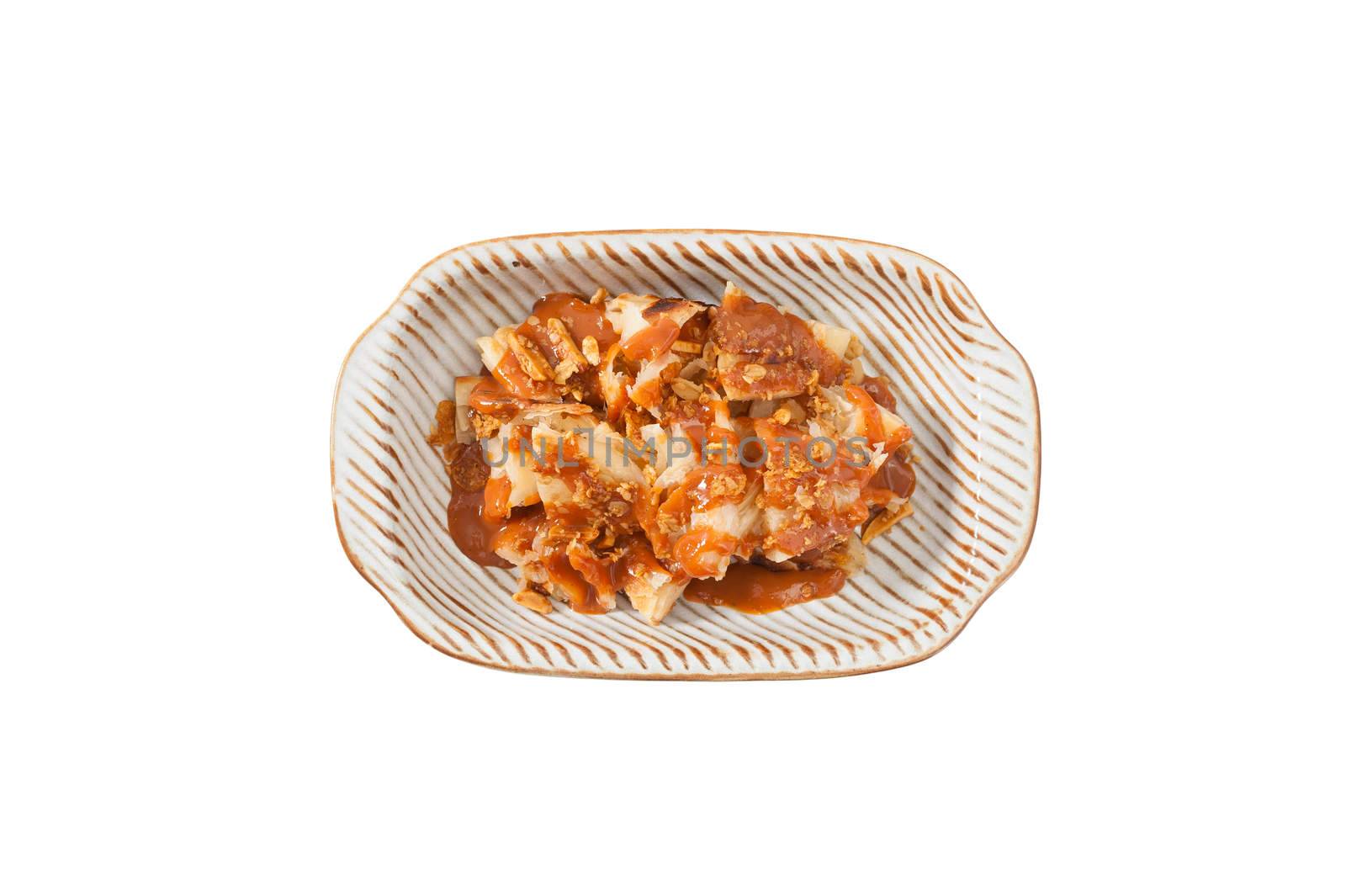 Roti with Thai tea sauce, Modern dessert adapt from Indian food isolated on white background with clipping path