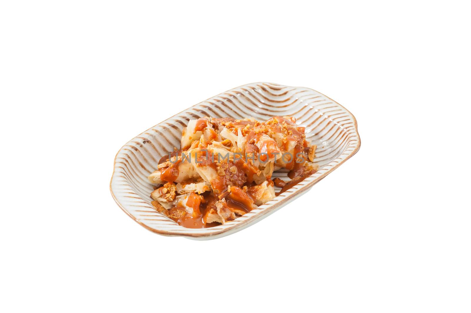 Roti with Thai tea sauce, Modern dessert adapt from Indian food isolated on white background with clipping path