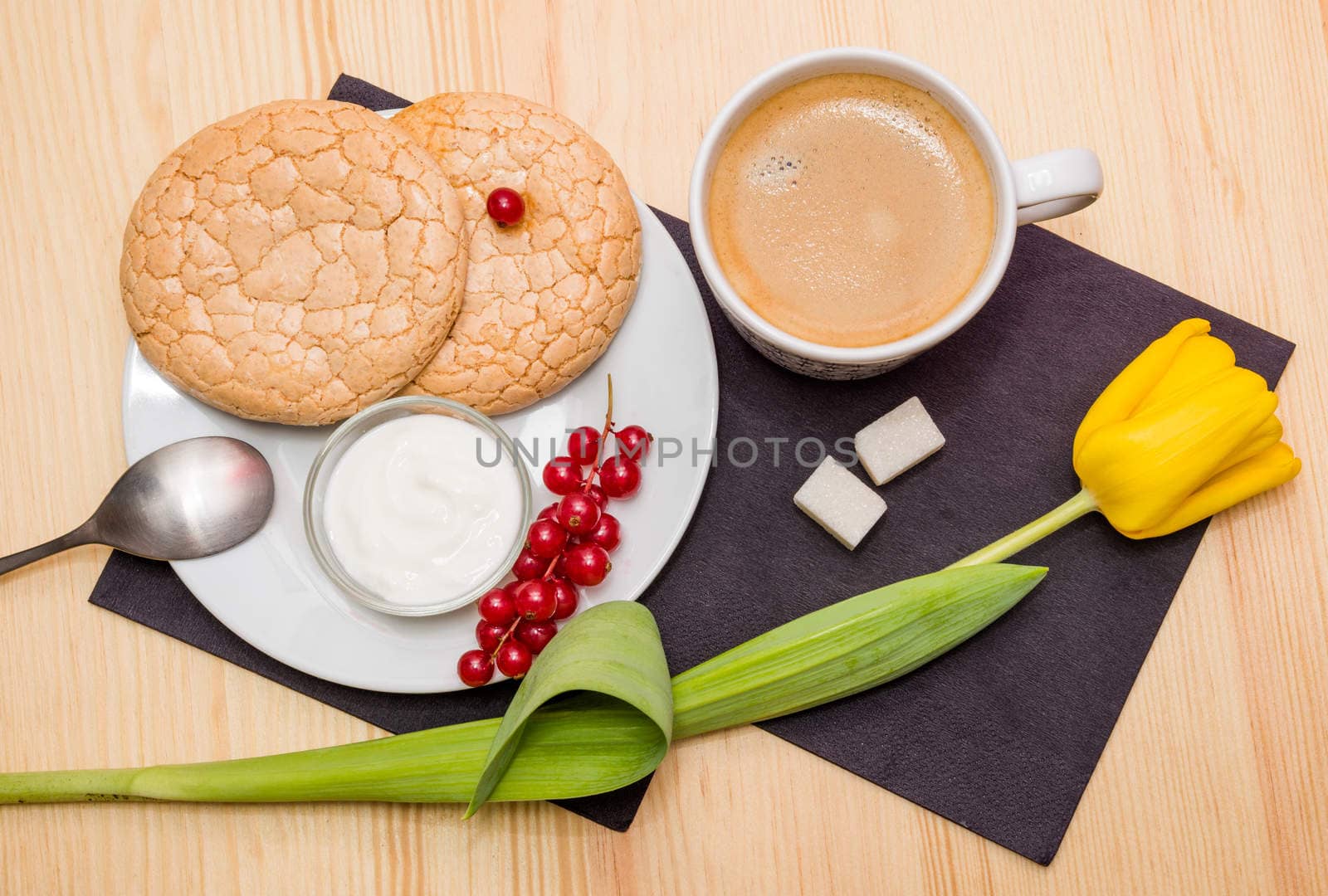 still life: a Cup of coffee and biscuits on plate on wooden table