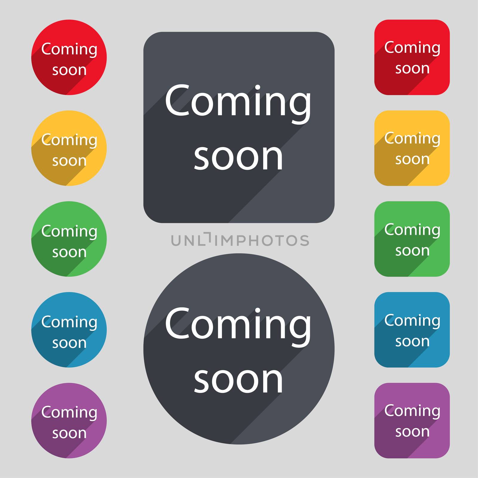 Coming soon sign icon. Promotion announcement symbol. Set of colored buttons.  by serhii_lohvyniuk