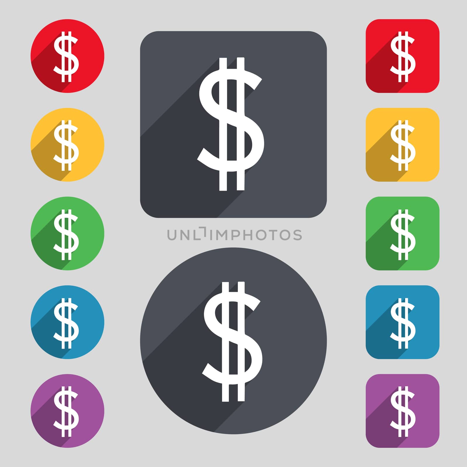 Dollars sign icon. USD currency symbol. Money label. Set of colored buttons.  by serhii_lohvyniuk