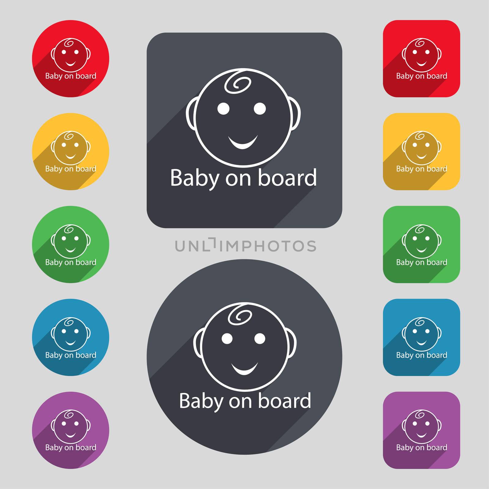 Baby on board sign icon. Infant in car caution symbol. Set of colored buttons.  by serhii_lohvyniuk