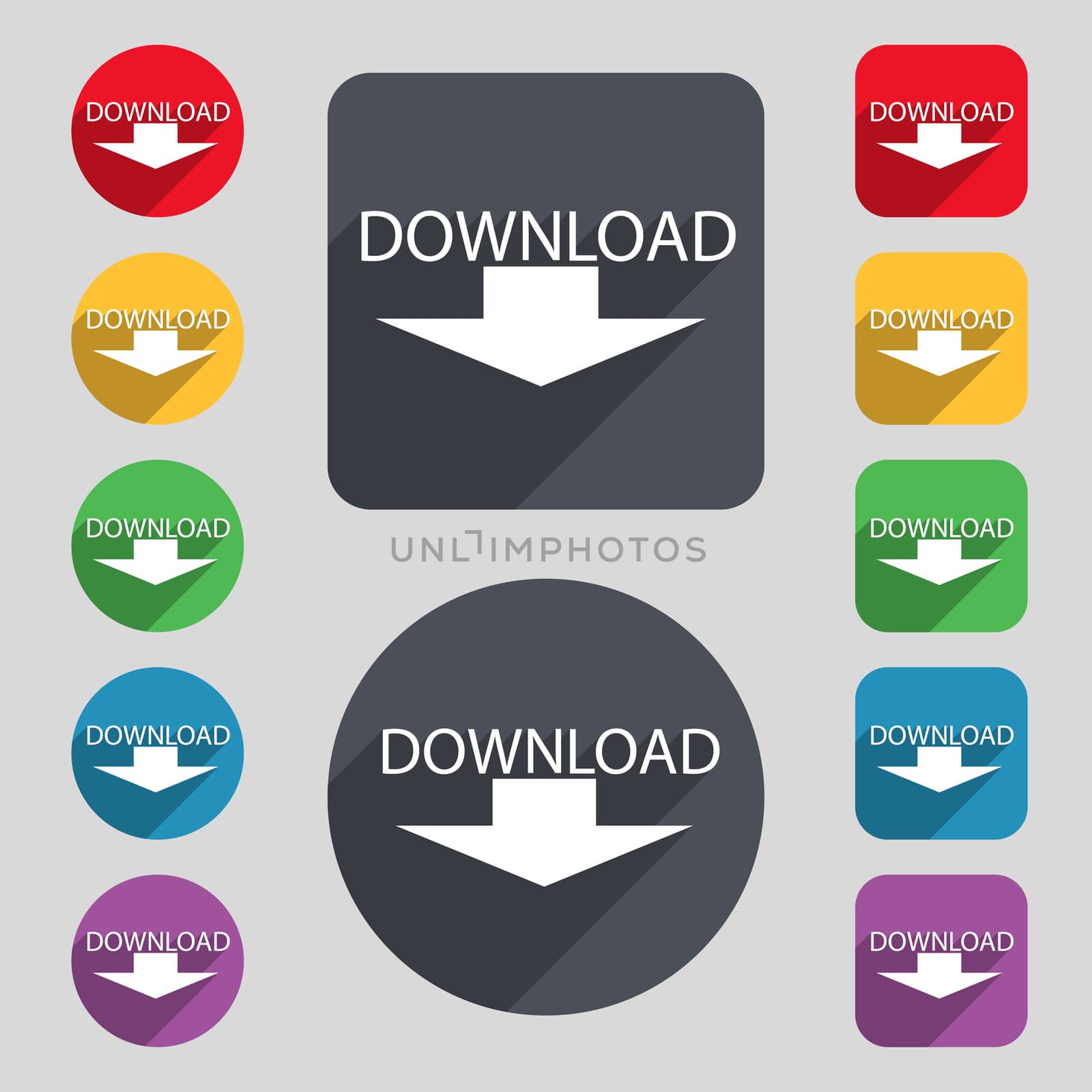 Download icon. Upload button. Load symbol. Set of colored buttons. illustration